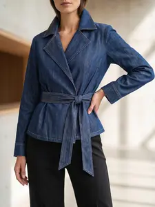 Denim Wrap Jacket Belted Waist Blazer Style Coat Long Sleeve Lapel Collar Peplum Top for Work Office Casual