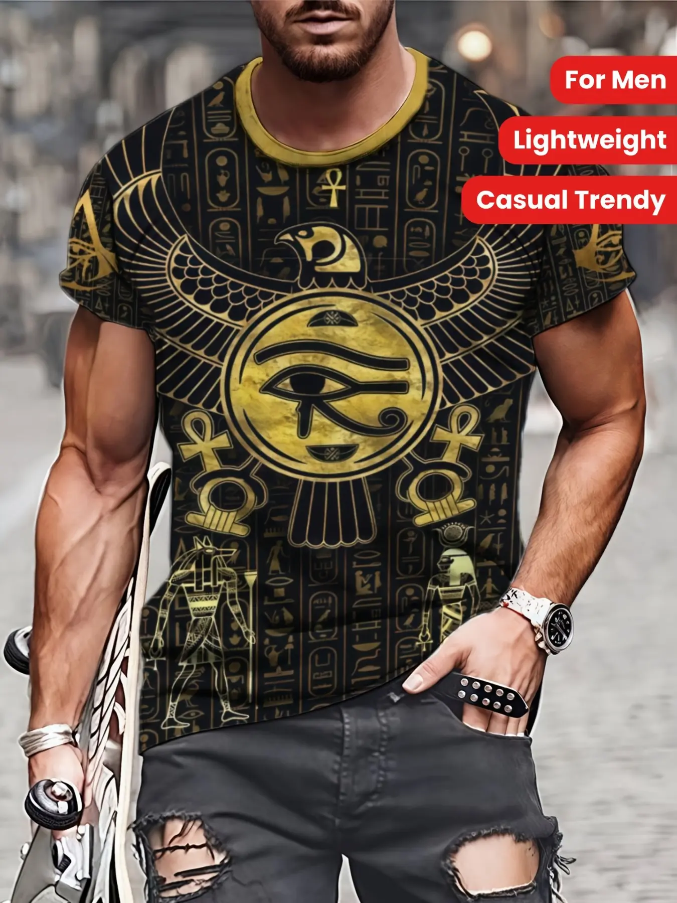 Men's Round Neck Egyptian Cultural Aesthetic 3D Printed Graphic T-Shirt, Casual Summer Clothing, Horus Eye & Anubis Design, Soft Breathable Fabric, Large Size Available, Casual Streetwear Style, Menswear