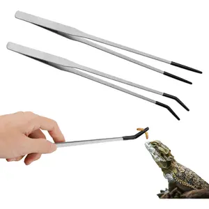 Stainless Steel Reptile Feeding Tongs 2PCS with Rubber Tip 10.6” Straight & Curved Long Tweezers for Aquarium & Craft, Bearded Dragon & More