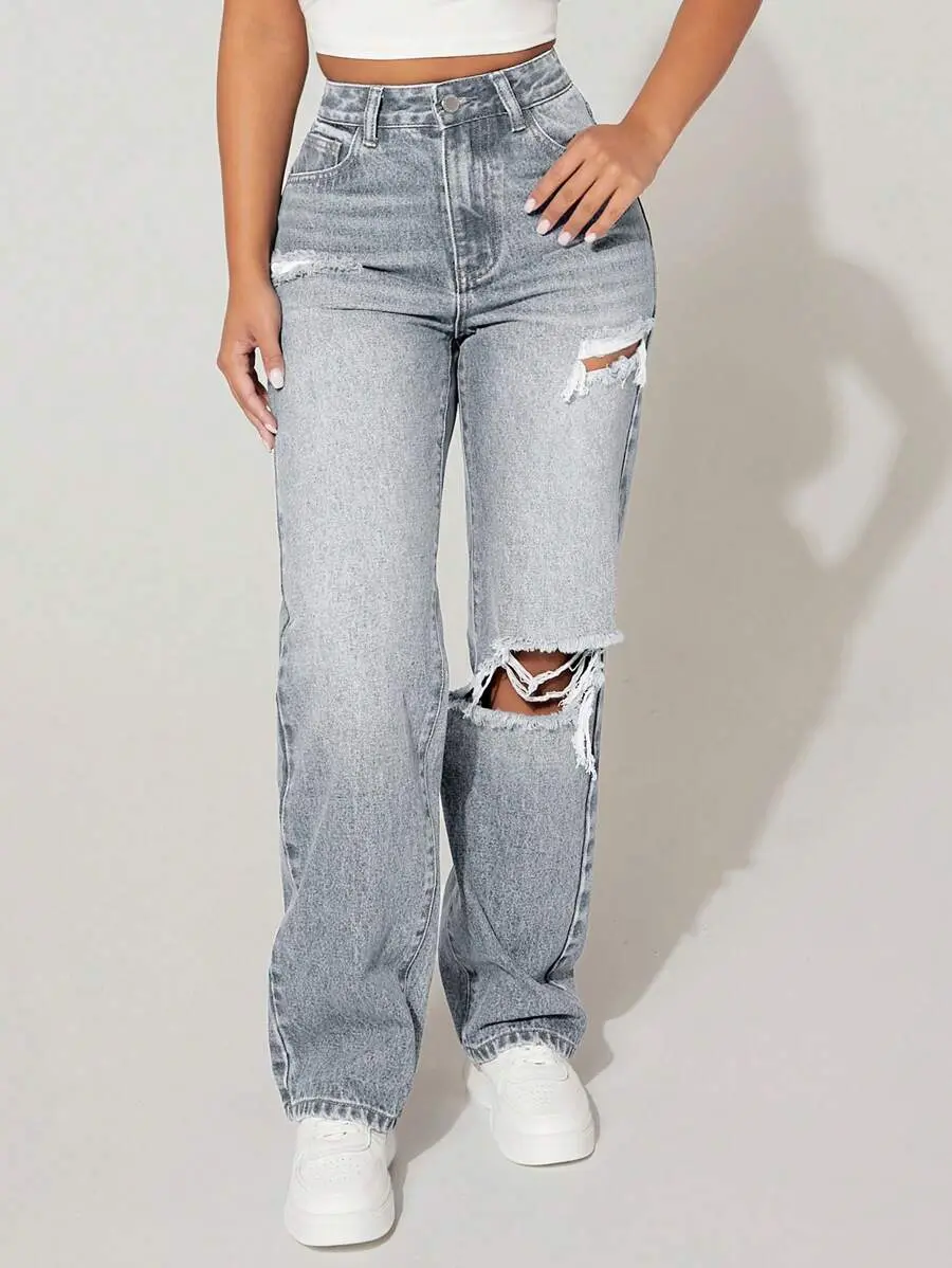 Front Button Multi-Pocket Distressed Denim Jeans, Casual Everyday Wear ,Petite Women
