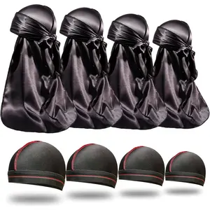 8PCS Silky Durag Men Wave Cap Long Tail Do rag for 360 Wave Dew Rag Packs