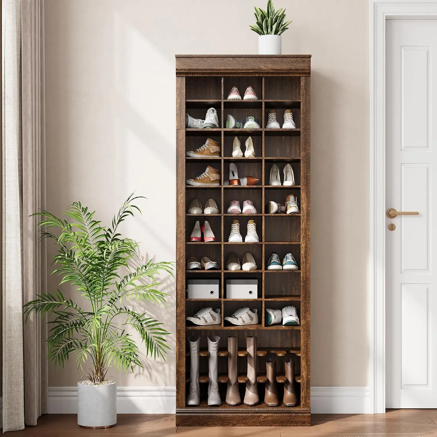 Brown Wooden Shoe Cabinet - Floor-Standing High Capacity Cube Organizer Shoe Storage (33-Pair), Closet & Entryway Multifunctional Storage for Tall Boots, Closet Storage
