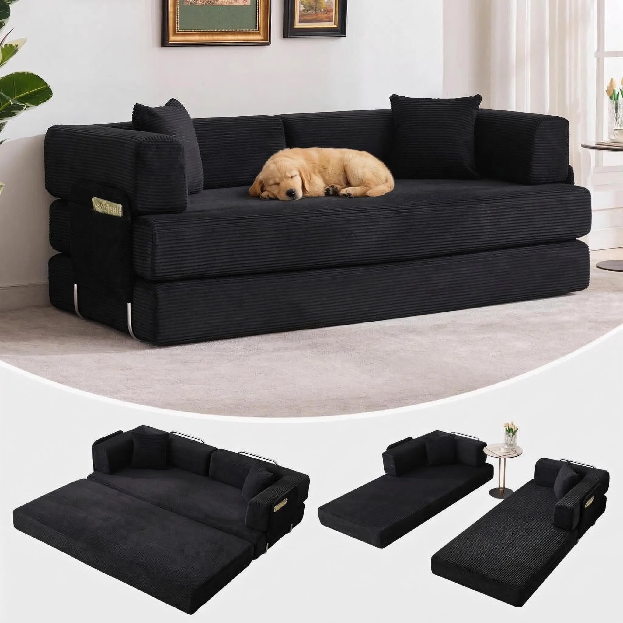 Garvee 5-in-1 Convertible Loveseat Sofabed, 78.8in Corduroy Foldable Sofa Bed Couch with Pull-Out Folding Mattress Couch, 50d High-Density Foam, 1200 lbs Capacity, No-Assembly Floor Sofa Lounge for Living Room (Multiple Colors)