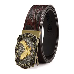 Men’s leather belt with a silver-tone pin buckle, featuring an embossed golden eagle design and a floral filigree band; it’s a rugged, stylish Western-style belt that makes an excellent gift for Valentine’s Day and Father’s Day.