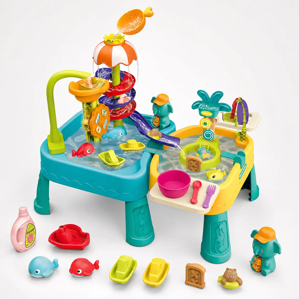 Toddler Water Table Toy, Summer Outdoor Water Park Playset with Slide, Spinning Water Wheel & Water Play Accessories