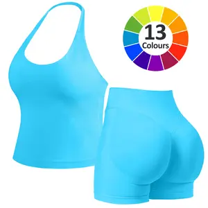 JGS1996 Two-Piece Set Women's Solid Color Halter Top & High Waist Shorts Sports Set Sporty Comfy Breathable Quick Drying Outfits for Yoga Gym Work Running Ladies Sportswear for Summer