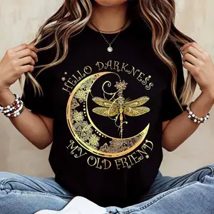 Hello Darkness My Old Friend Moon And Dragonfly Print T Shirt  Casual Short Sleeve Top For Everyday Wear And Leisure Activities