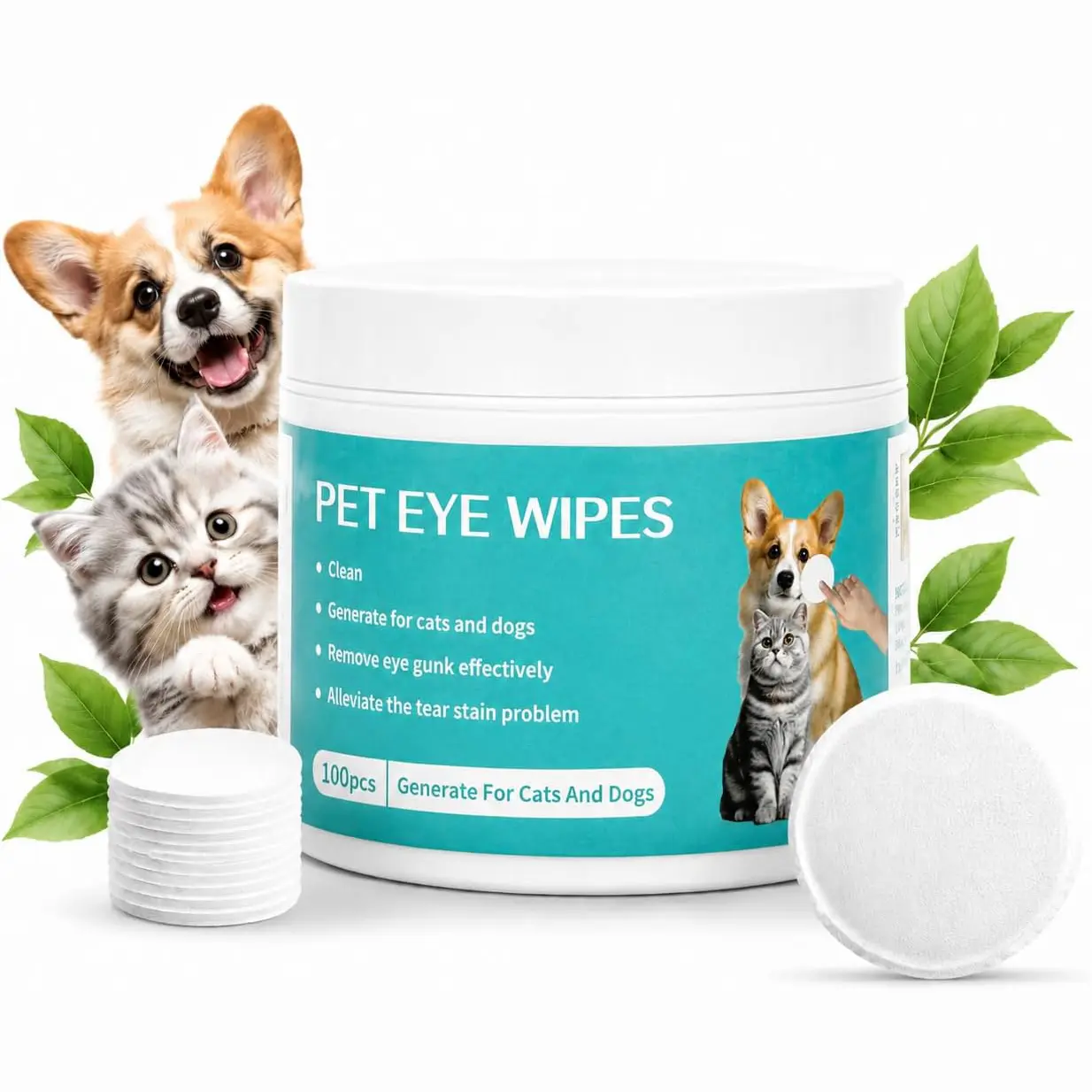100pcs Pet Eye Wipes for Cats & Dogs,Tear Stain Remover for Pet,Gentle,Unscented,Hypoallergenic Grooming Wipes,Cleans & Removes Discharge, Crust, & Gunk