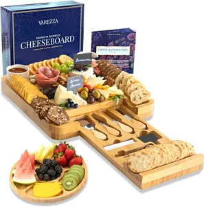 VAREZZA Extra Large Charcuterie Boards Set: Bamboo Cheese Board with Round Bamboo Fruit Cheese Platter, 10 Accessories for Home Decor