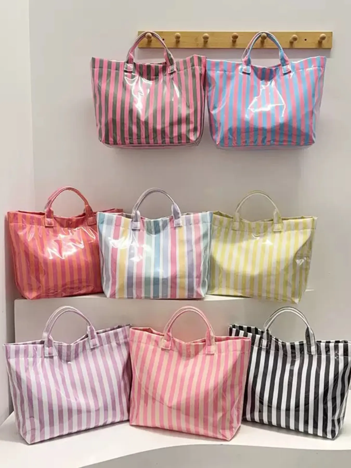 Women's DMK Striped Magnetic Handbag, Casual Commuting Handbag, Lightweight Large Capacity, Casual Fashion Travel Beach Bag for All Seasons, Casual Trendy Bag, Fashionable Handbag, Casual Bags
