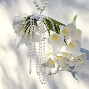 Silvanest 20pcs Luxury Calla Lily Bridal Bouquet with Pearl Arch Handle & Hanging Pearls, Wedding Bouquet for Bride