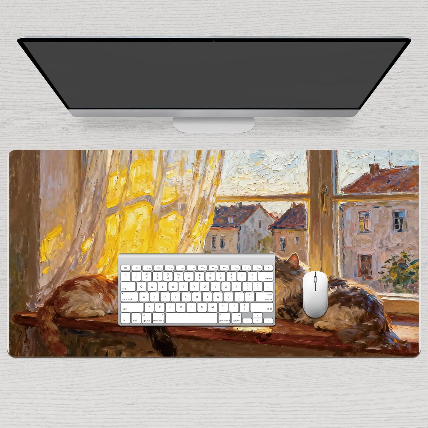 LIVEKEY Large Rectangular Gaming Mousepad - 31.5x15.75in Plastic Office Desk Mat with Cat on Balcony Painting & 3D Banana Print, Non-Slip Rubber Base, Soft Fabric, Stitched Edges for PC/Laptop Precise Control