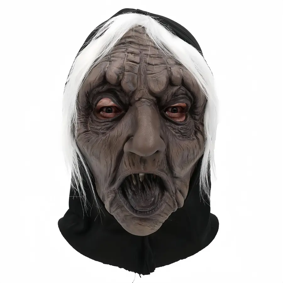 Horror Witch Face Mask, Scary Old Lady Masks with Long Hair and Wizard Nose, Creepy Latex Halloween Party Costume Cosplay Props