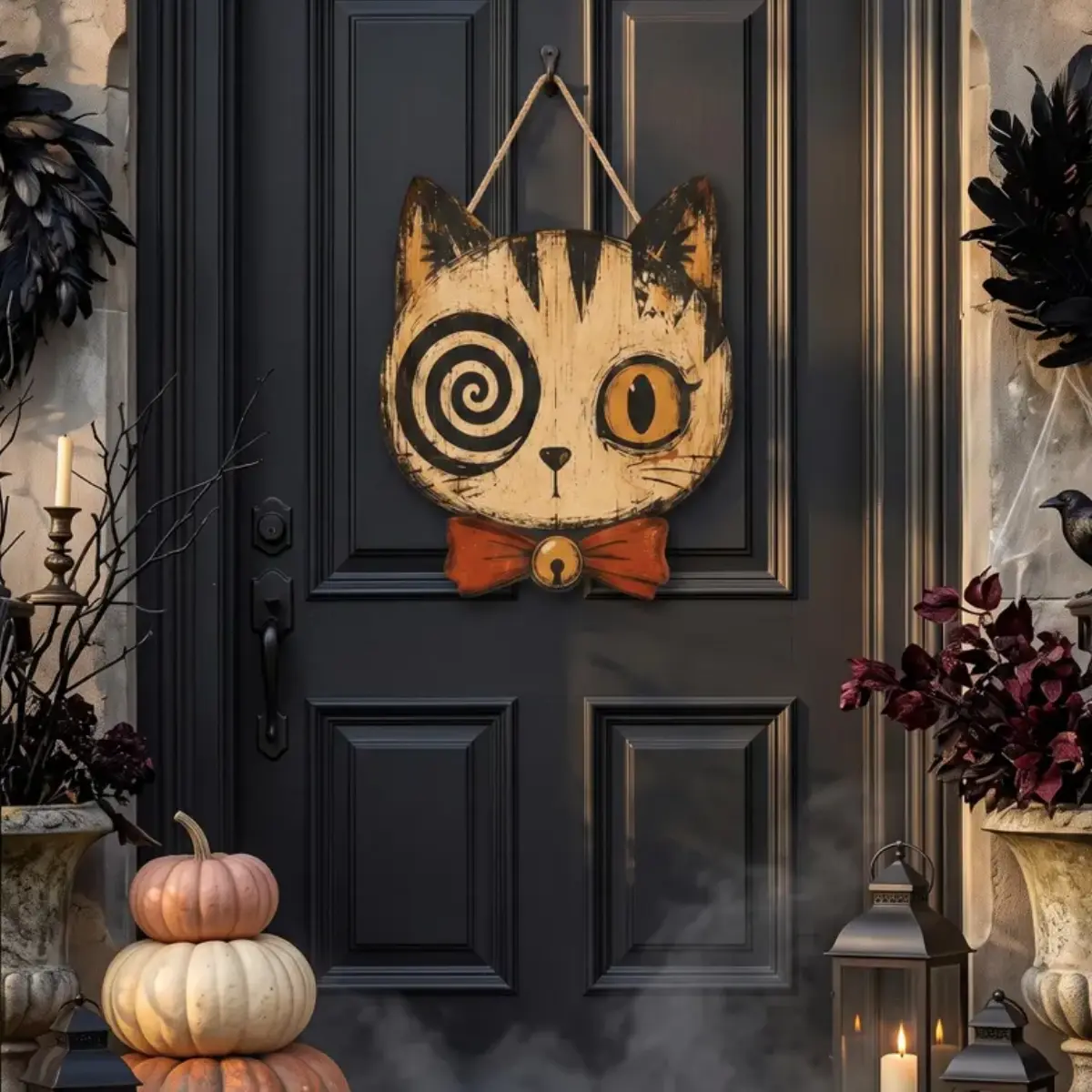 Vintage Halloween Decor Outdoor, Halloween Door Hanger, Gothic Home Decor, Skull, Black Cat, Primitive Halloween Decor, Housewarming Gift