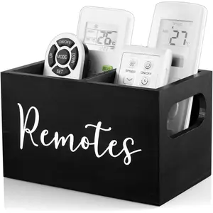 2 Slots Wooden TV Remote Control Holder, Desktop Remote Storage Caddy Organizer, Black for Home Office