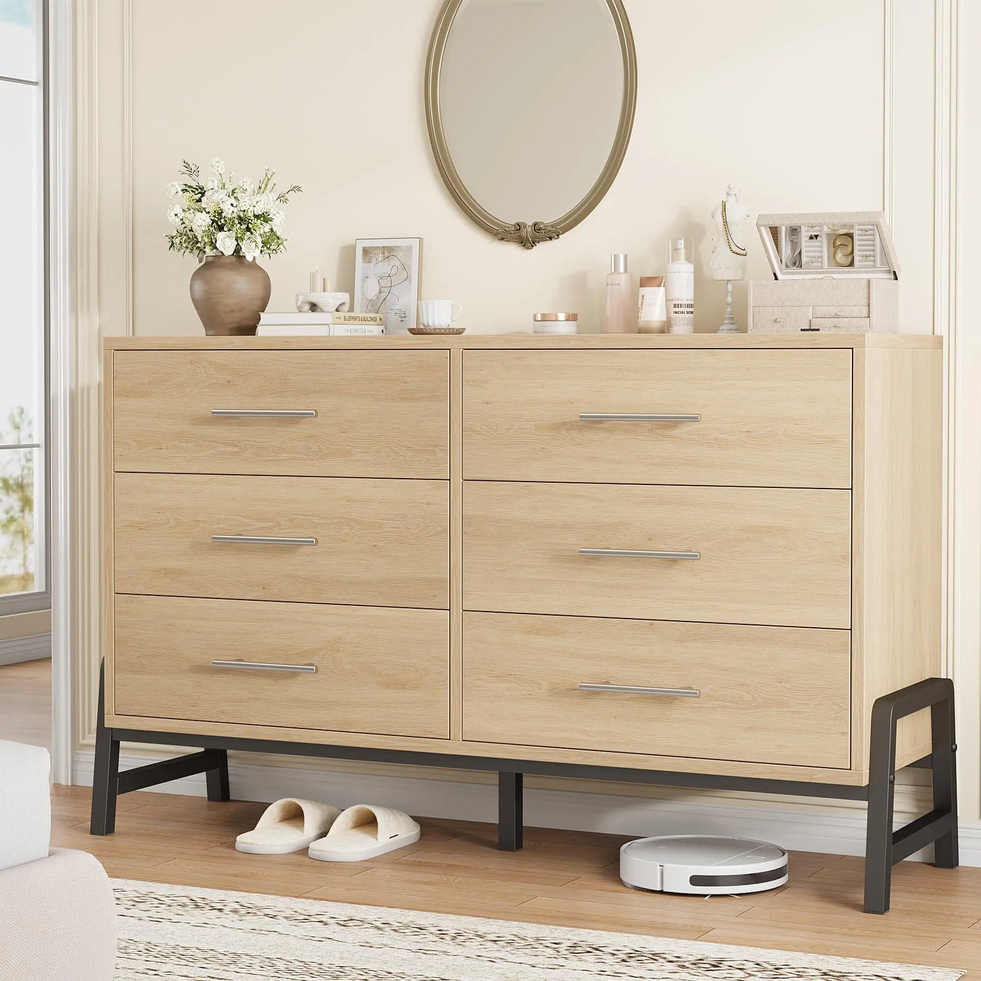 Yellow 6 Drawer Dresser 52in Wide Wood Storage Chest with Deep Drawers Freestanding Organizer for Bedroom Living Room Entryway Wood color