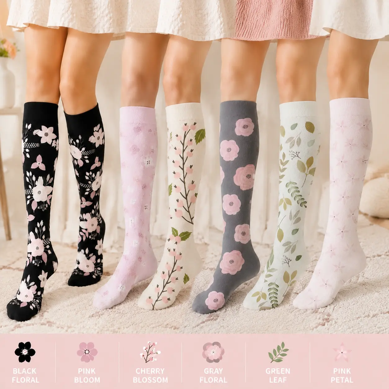 6 Pairs Floral Compression Socks, Cute Flower Print Knee High Support Socks for Women, Comfortable Socks for Travel, Running & Everyday Wear