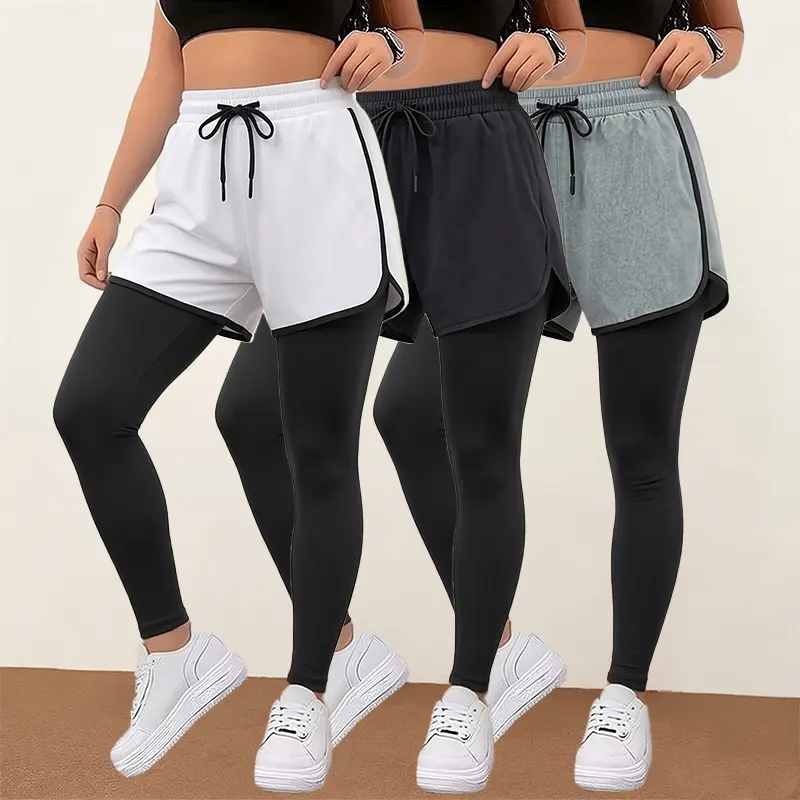 Women’s multi-piece set: 2-in-1 faux two-piece athletic leggings with elastic drawstring waist, contrasting accents, quick-dry, anti-chafing—ideal for running, fitness, yoga, training; sports pants