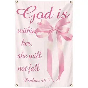 Pink Bow Christian Wall Art Posters Tapestry - 'God is Within Her, She Will Not Fall' 2x3 Ft Aesthetic Poster for Teen Boys Girls Bedroom and College Dorm Wall Decor Gifts