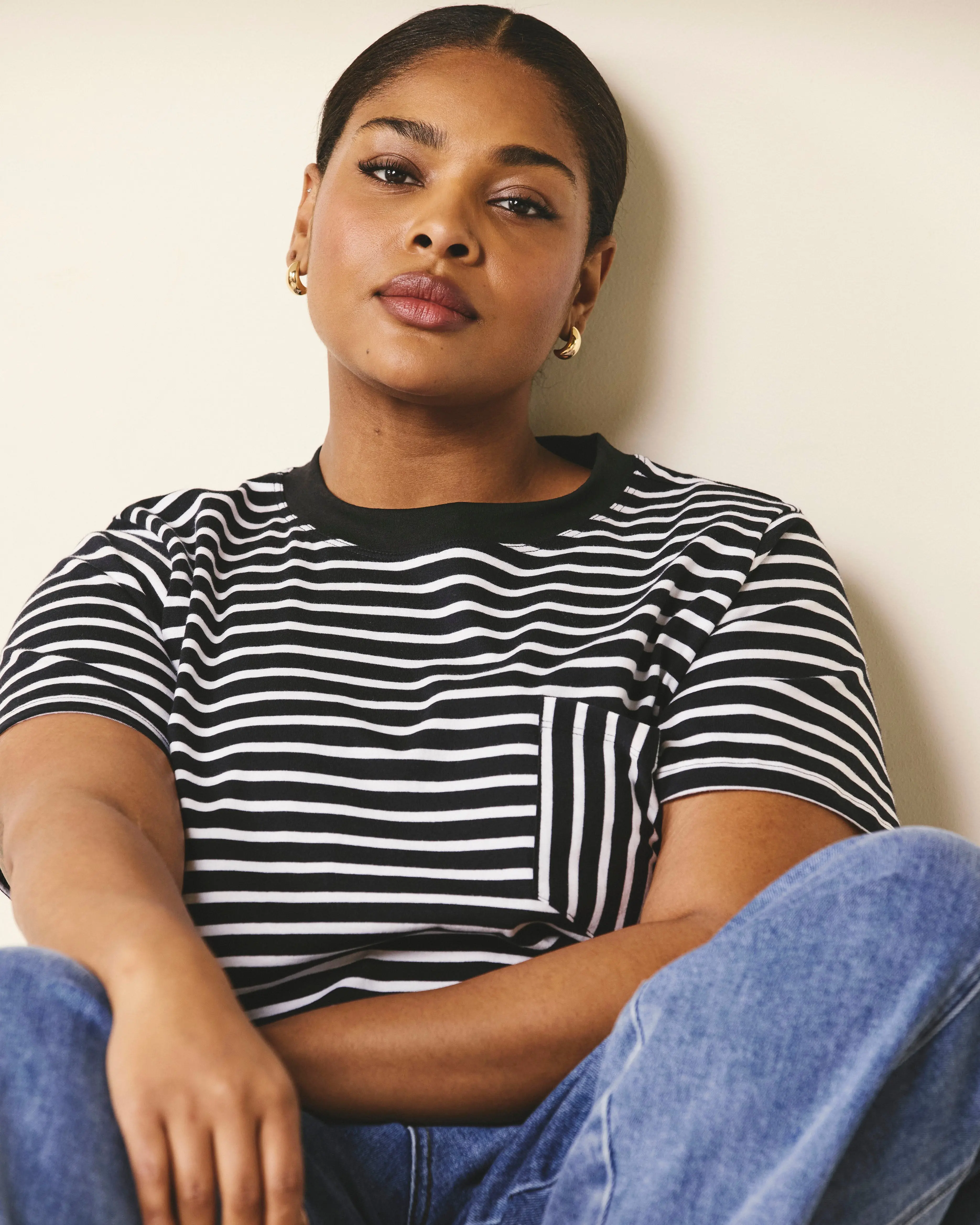 Women's Short-Sleeve Casual Round Neck Striped Cotton Breton T-Shirt - Black/White Stripe, Pocket Detail, Cold Wash Safe, Cool Iron Recommended, Shortsleeve, Tshirt, Pockets, Black Striped Detailing Women's T-Shirts
