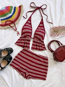 Vintage Red Striped Swimwear Set, Flounce Top & High Waist Bottoms For Summer Getaways & Casual Poolside Outings
