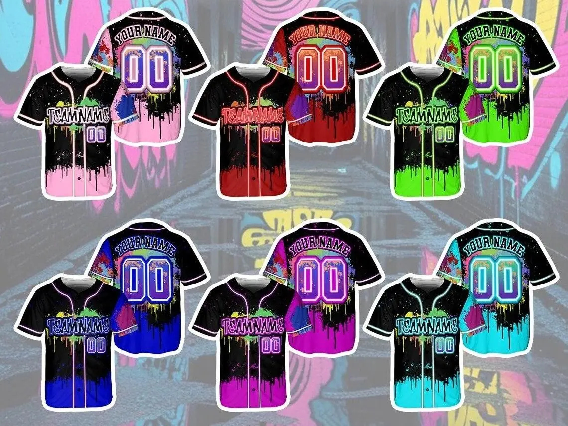 Custom Glow Neon Graffiti Drip Baseball Jersey, Personalized Team Uniform for Team Building Events