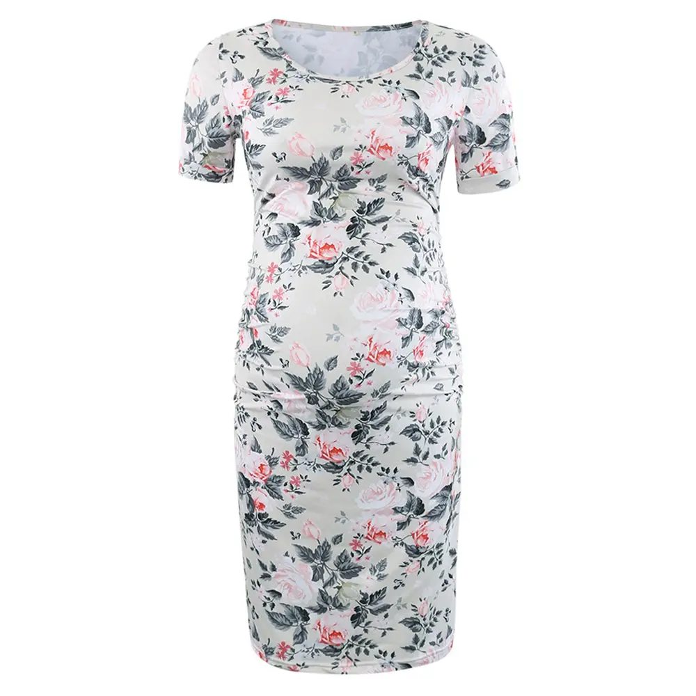 ECAVUS Women's Bodycon Maternity Dress, Short Sleeve with Ruched Sides, Stretchy Casual Outfit for Pregnant Women, Baby Shower