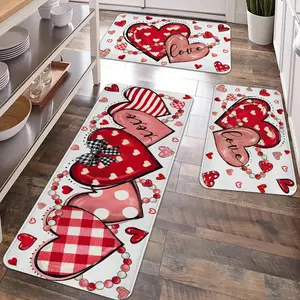 2/3pcs Valentine's Day Kitchen Carpet Set, Love Pattern Floor Mat with Bow Decoration, Soft Non Slip Kitchen Carpet and Mat, Kitchen Runner Rug, Suitable for Kitchen, Bedroom Entrances, Laundry Room, Corridor, Festival Decoration