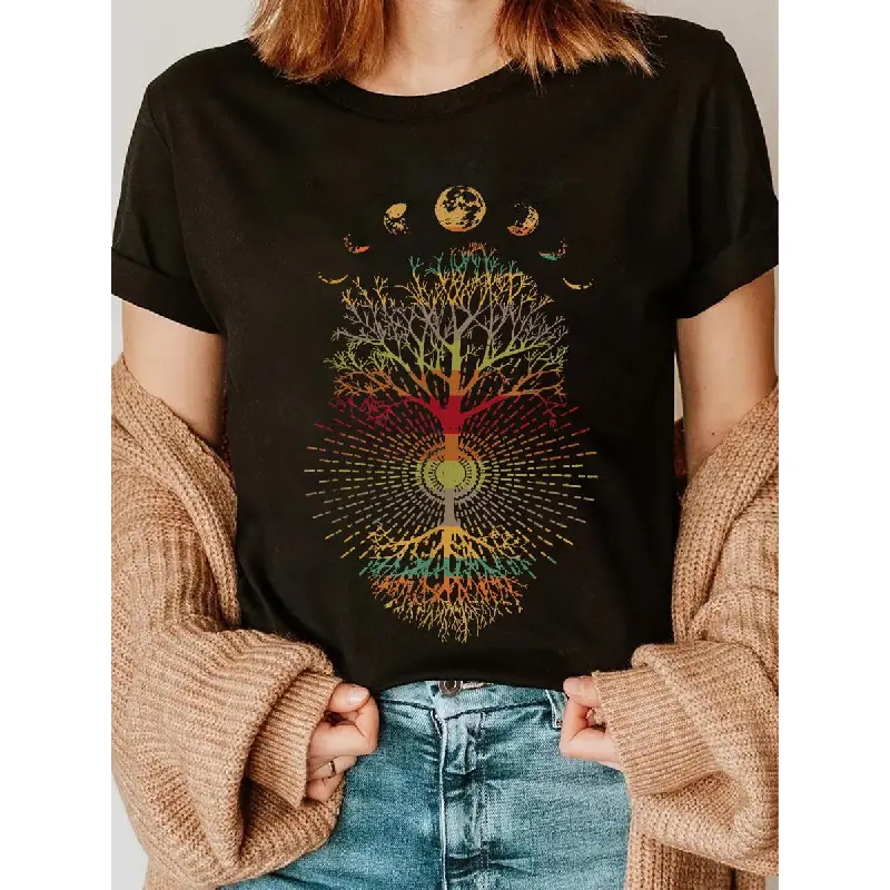 Women's Fitted Cut 100% Cotton Boho Tree of Life Graphic Tshirt - Retro Style Moon Phases Print Casual Summer Tops, Boho Clothes For Women, Shortsleeve, Lady, Round Neck, Retro Moon Phases, T-Shirt