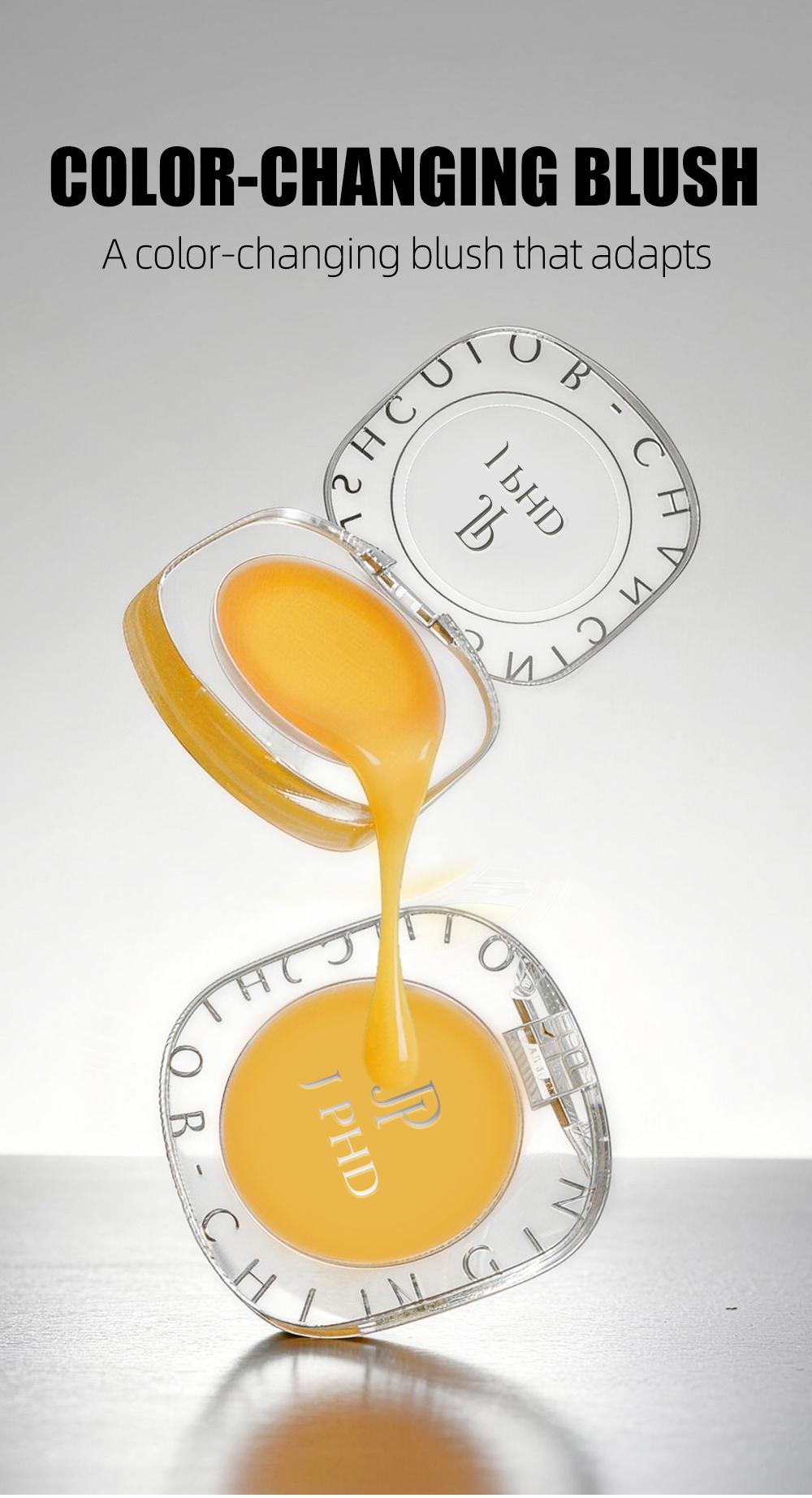 J-PHD Color-changing blush, a magical color-changing powder blush cream that can be used on cheeks, eyes, and lips. It provides long-lasting hydration, brightens skin tone, and has a high-shine yellow cream texture.