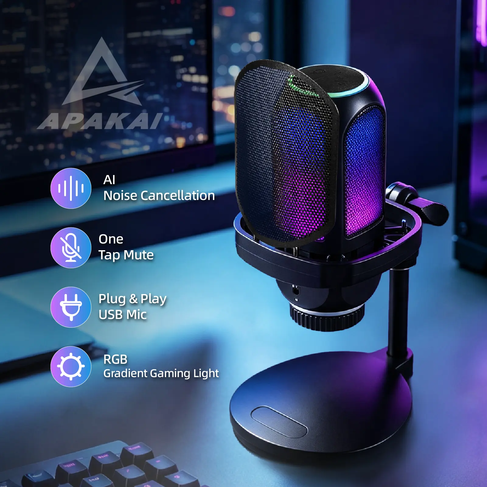 APAKAI 001 USB Microphone for PC Gaming: Condenser Microphone RGB for Gamer with Stand Mic - Recording Mic for Computer&Laptop, Phone, PS4/PS5 with Quick Mute - Desk Podcast Mic for Podcast & Singing & Streaming & Youtube Black