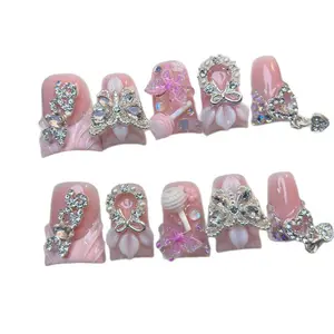 Handmade Duck Nails for Manicure - Decorative Cutics with Rhinestones and Floral Design