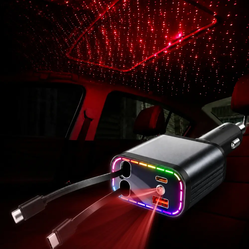 Dual Retractable 30W Car Charger with Starry SKy LED Projector Light, Fast Charging Car Adapter for Vehicle Power Socket, Pull-Out Cable Design Keeps Center Console Clean, Compact Car Accessories for Daily Driving Road Trips Interior Upgrade Gray