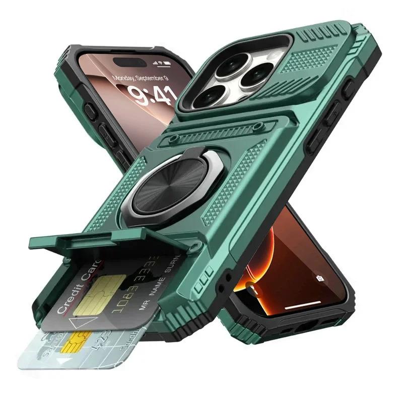 Heavy Duty Magnetic Rotated Ring Holder Phone Case For IPhone 17 Air 16 15 14 Plus 13 Pro Max Anti-Drop Wallet Protection Cover