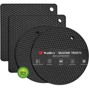 Silicone Trivet Mats - 4 Heat Resistant Pot Holders, Multipurpose Non-Slip Hot Pads for Kitchen Utensils, Food Grade Silicone & BPA Free (Black)
