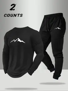 Men's 2-Piece Mountain Graphic Long Sleeve T-Shirt & Jogger Set, Casual Streetwear for Daily Wear, Trendy Urban Outfit with Minimalist Logo Design, Comfortable Activewear, Versatile for Relaxed Evenings, Errands & Casual Hangouts, Ideal for Modern Lifesty