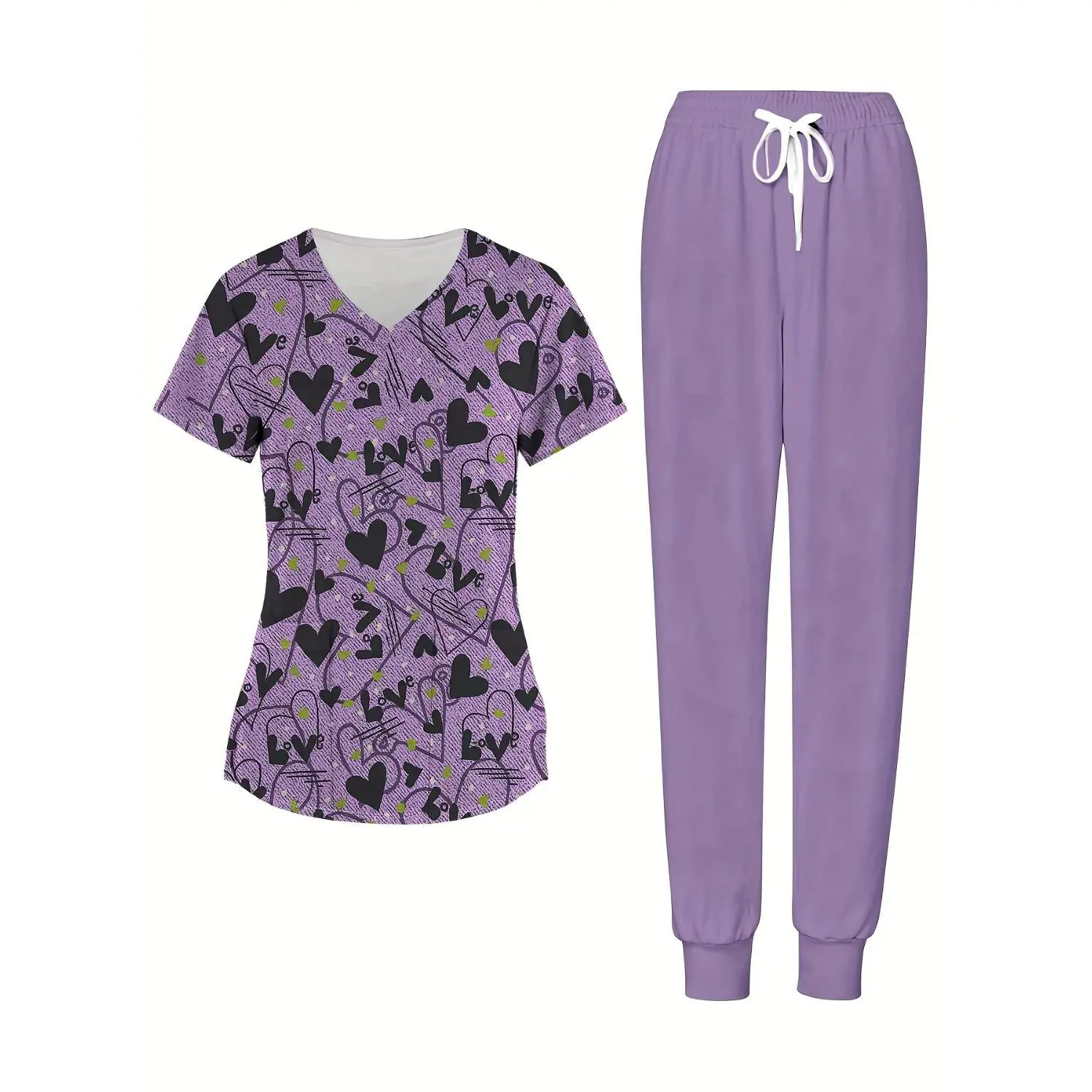 Purple Heart Pattern Women's Nurse Scrub Set - V-Neck Top and Pants with Pockets, Comfortable Stretch Uniform for Healthcare Professionals