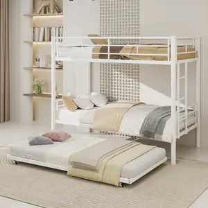 Twin Over Twin Bunk Bed with Trundle, Convertible 2 Beds, Metal Bunk Beds w/Full-Length Guardrail & Ladder,Slat Support,Noise Reduced,Space Saving,No Box Spring Needed,for Student Dorms,White