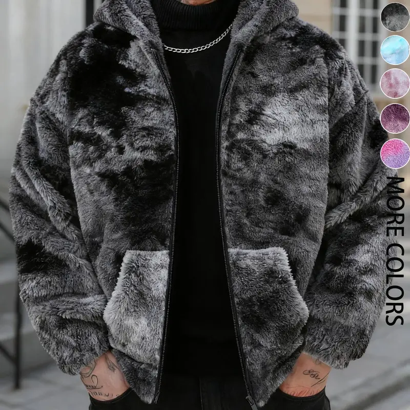 Unisex Hooded Jacket, Fashionable Jacket, Long Sleeve Fitted Coats, Fall Winter Warm Tie-Dye Fleece, Trendy Versatile Outerwear, Youth Casual Student Street Fashion, Menswear
