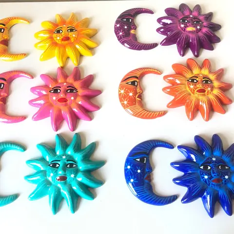Mini Sun Moon Mexican Ceramic Garden Decoration - Handmade and Hand-Painted Wall Figures for Outdoor Patio
