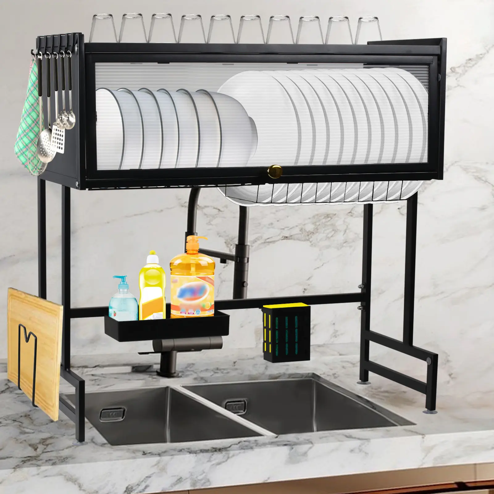 Over The Sink Dish Drying Rack - 3 Tier Large Capacity Metal Dish Drainer Over The Counter Dish Rack Kitchen Sink Shelf with Cover for Kitchen Storage & Organization Black
