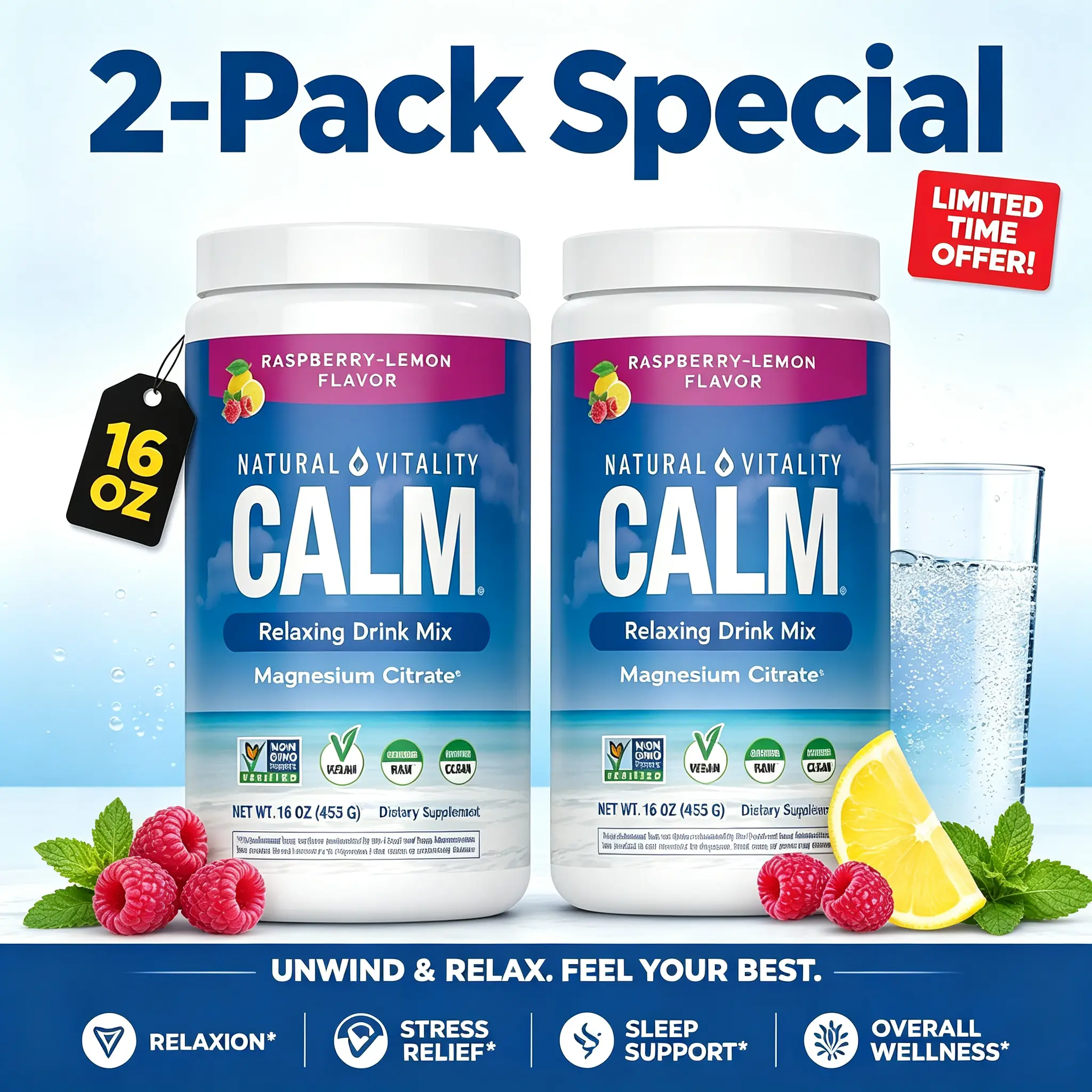 【2-Pack Special】Natural Vitality Calm Magnesium 16oz Powder | Raspberry Lemon Flavored Supplement | Non-GMO, Vegan & Gluten Free Formula