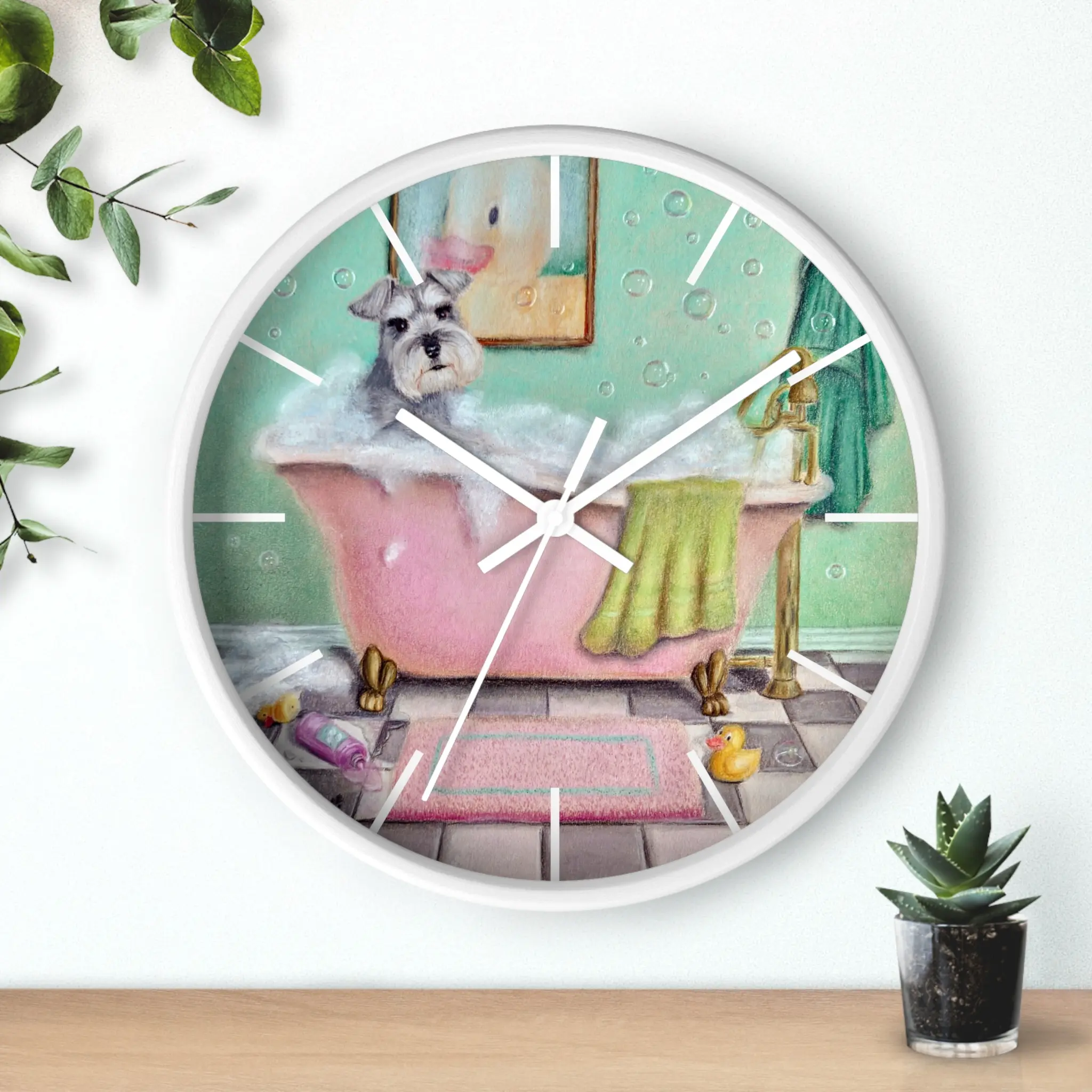 Schnauzer in Bathtub Wall Clock | Cute Dog Bathroom Art, Whimsical Pet Decor