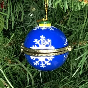 	 Snowflake Blue Ball Porcelain Hinged Surprise Trinket Box Christmas Ornament