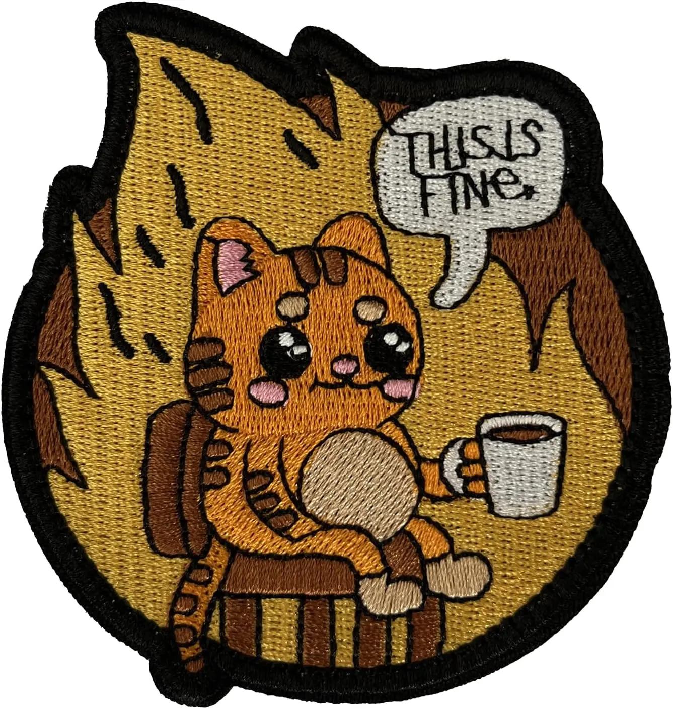 This is Fine Coffee Cat Funny Humor Creative Patch, Full Embroidered Applique Hook Loop Fastener Morale Patches, 3.35" x 2.95" Sized, Ideal Cat Lover Gift Patch