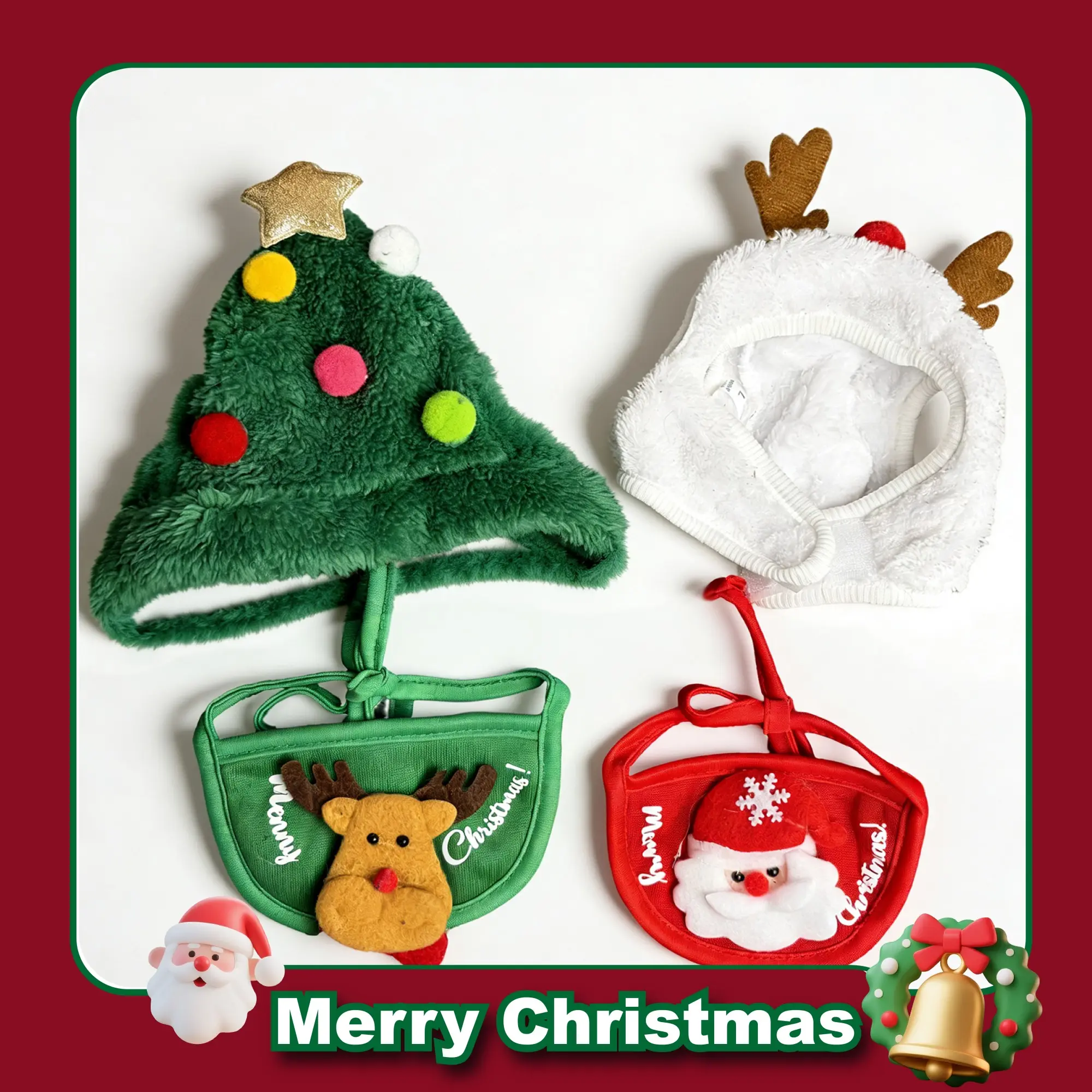 Dog & Cat Christmas Santa-Themed Hat & Bandana Set, Soft Fabric Adjustable Multi-Size Festive Pet Costumes, Hair Accessories for Puppies & Kittens, Holiday Photo Props, Holidays