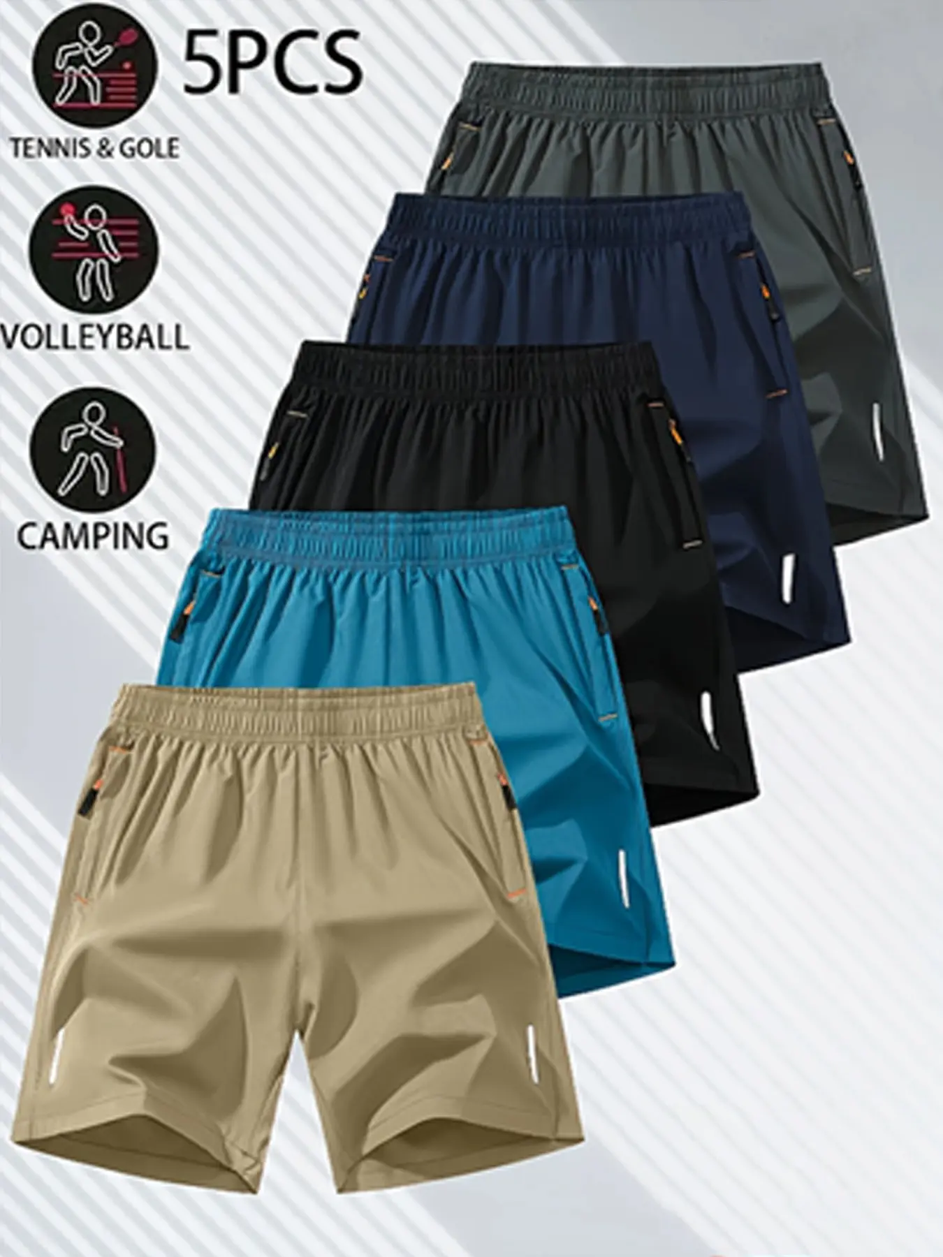 5-Pack Men's Outdoor Breathable Sports Shorts, Reflective Print, Quick-Dry Loose Fit, Zip Pockets, Running Ice Silk Capri Pants