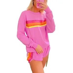 Women's Sport Clothing Sets Bonbon Striped Accent Pullover and Shorts Two Piece Casual Set Big Size