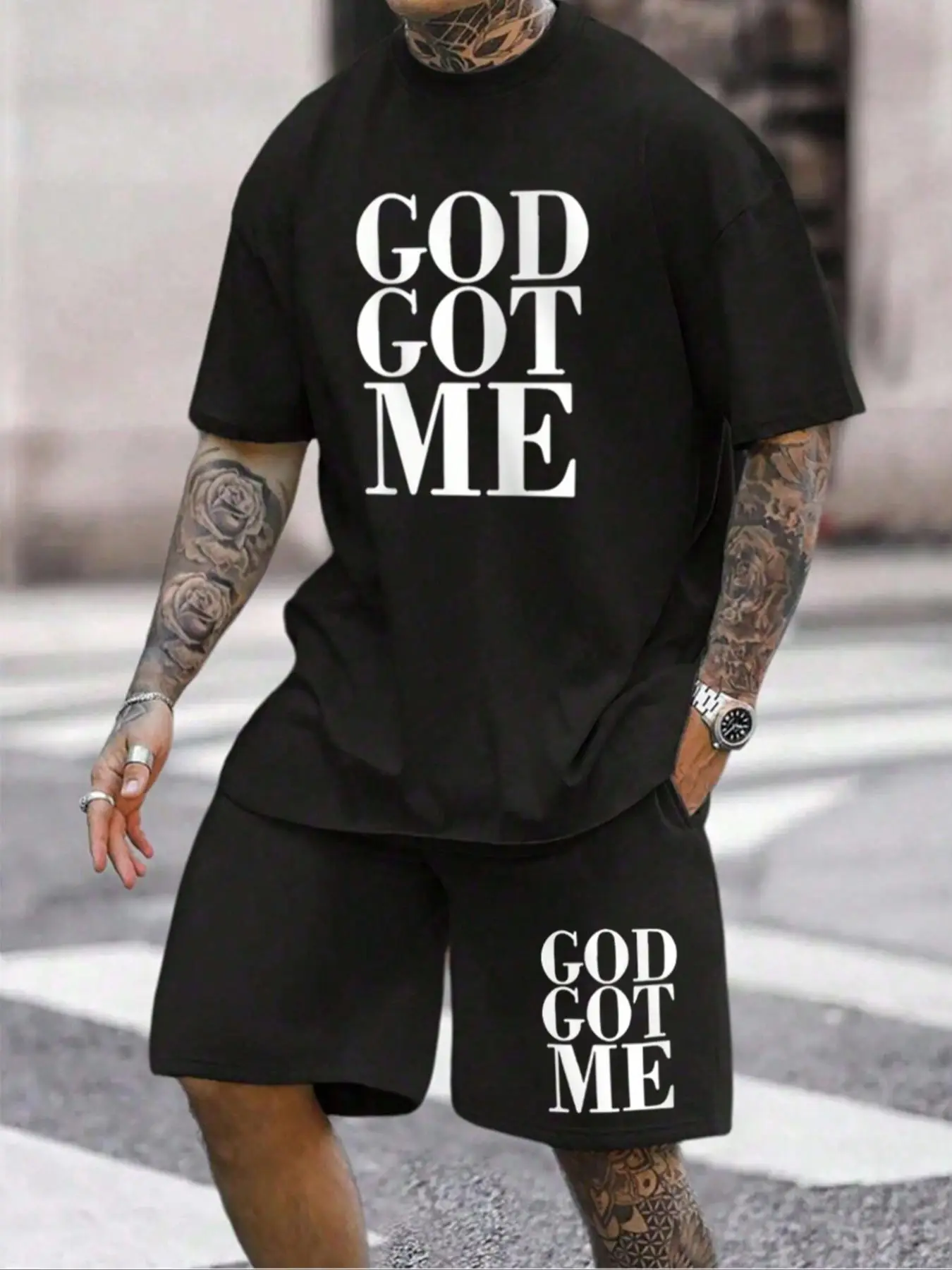 Two Counts Men's Letter Print Drop Shoulder Tee & Drawstring Waist Shorts Set, Regular Fit Crew Neck Short Sleeve T-Shirt & Track Shorts, Casual Fashi