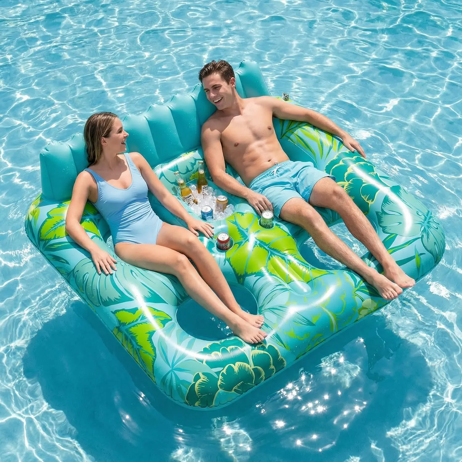Inflatable Pool Float for Adults, 61"×71" Pool Lounger Floats for 2 Person, Sun Tanning Floats Raft with Drink Holder & Backrest, Water Float Tanning Pool for Swimming Pool, Lake, River summerwins